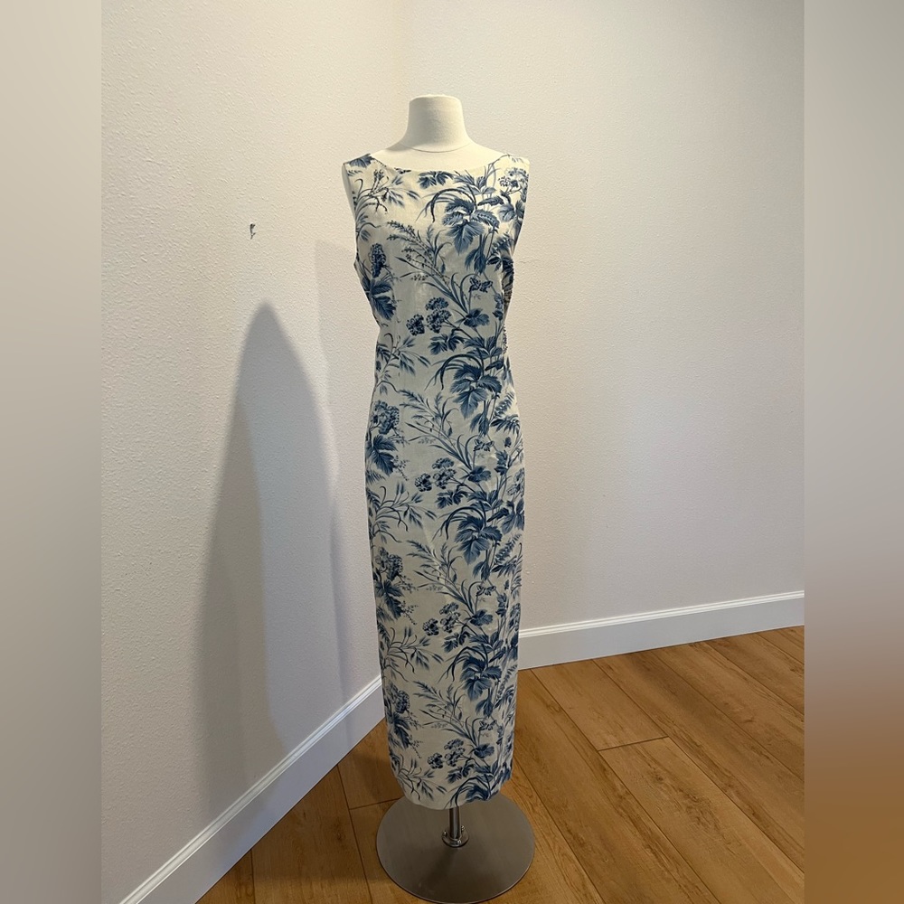 Vintage Jessica Howard Blue and Cream Floral Print Midi Maxi Sleeveless Dress 14